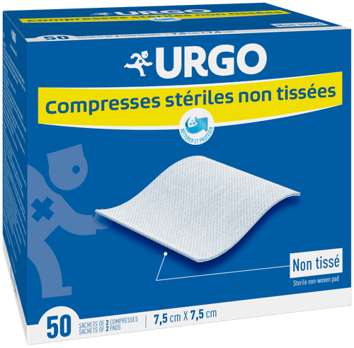 Urgo - Compresses stériles non tissées - 50 sachets de 2 compresses de 7,5 x 7,5 cm